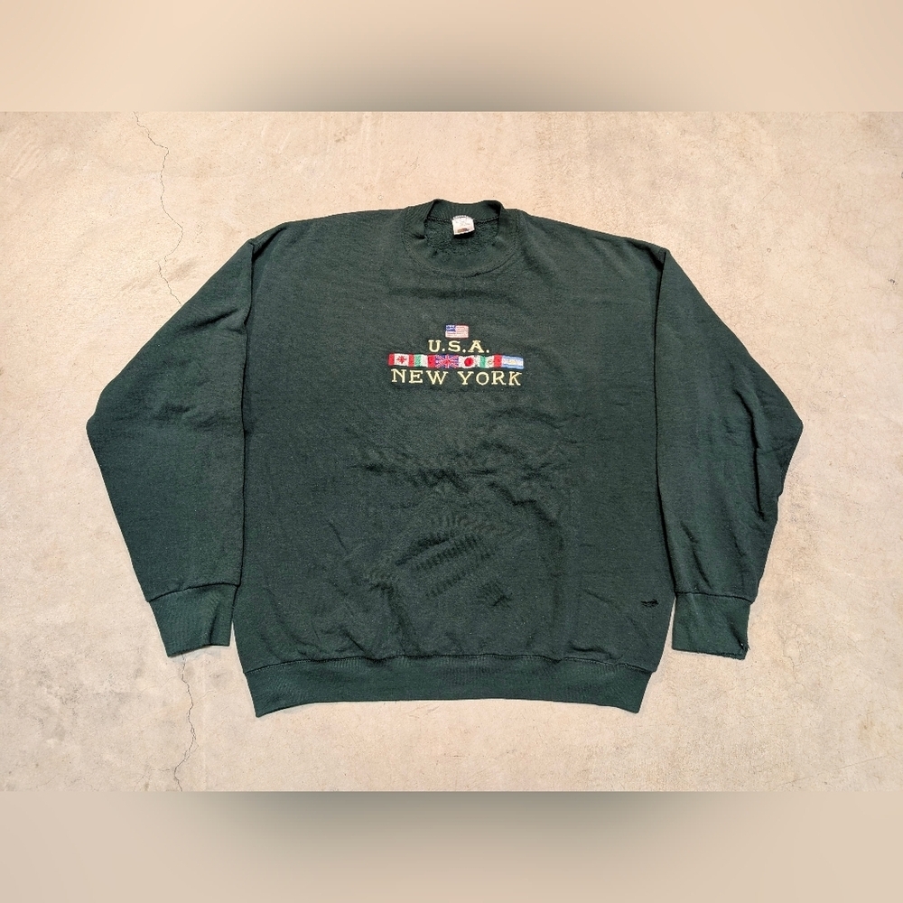 VTG 90s Fruit Of The Loom New York Crew Neck Green Mens XL Flaws